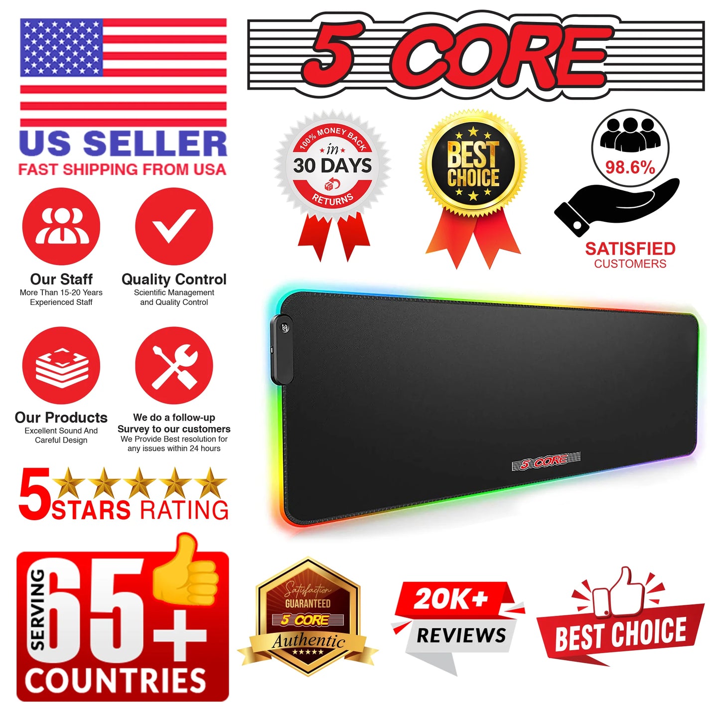 5Core RGB Mouse Pad 12 Light Modes High-Performance Soft Padded Large Gaming Keyboard Mouse Mat