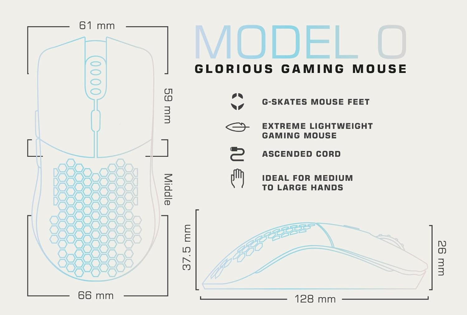 Model O Wired Gaming Mouse 67G Superlight Honeycomb Design, RGB, Pixart 3360 Sensor, Omron Switches, Ambidextrous - Matte White