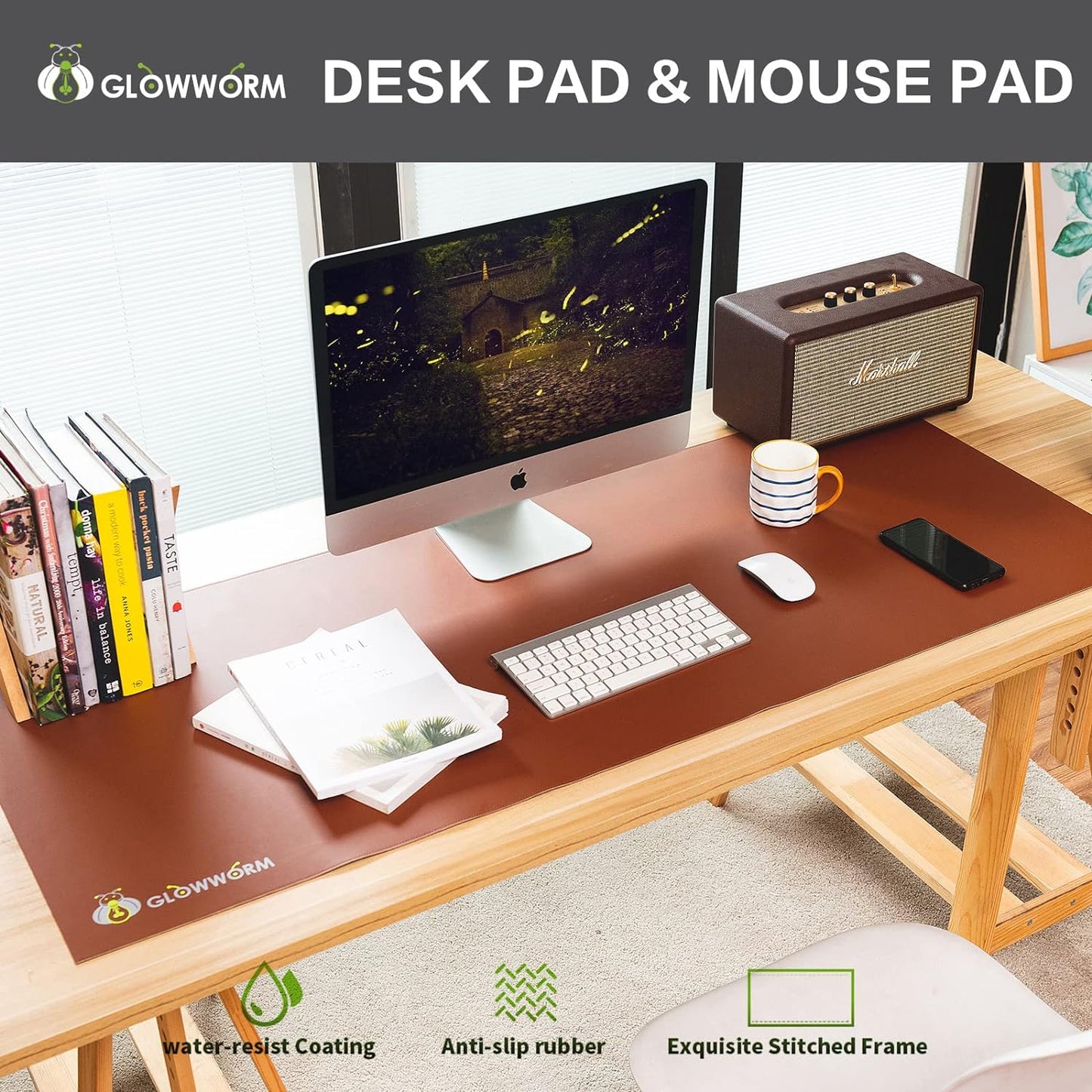 Oversized Large Desk Pad Extended 47In*23In Light Brown Waterproof Smooth PU Leather Extra Large Mouse Pad Stitched Edges Non-Slip Base Big Desk Mat Large Pad on Desktop Leather Table Mat