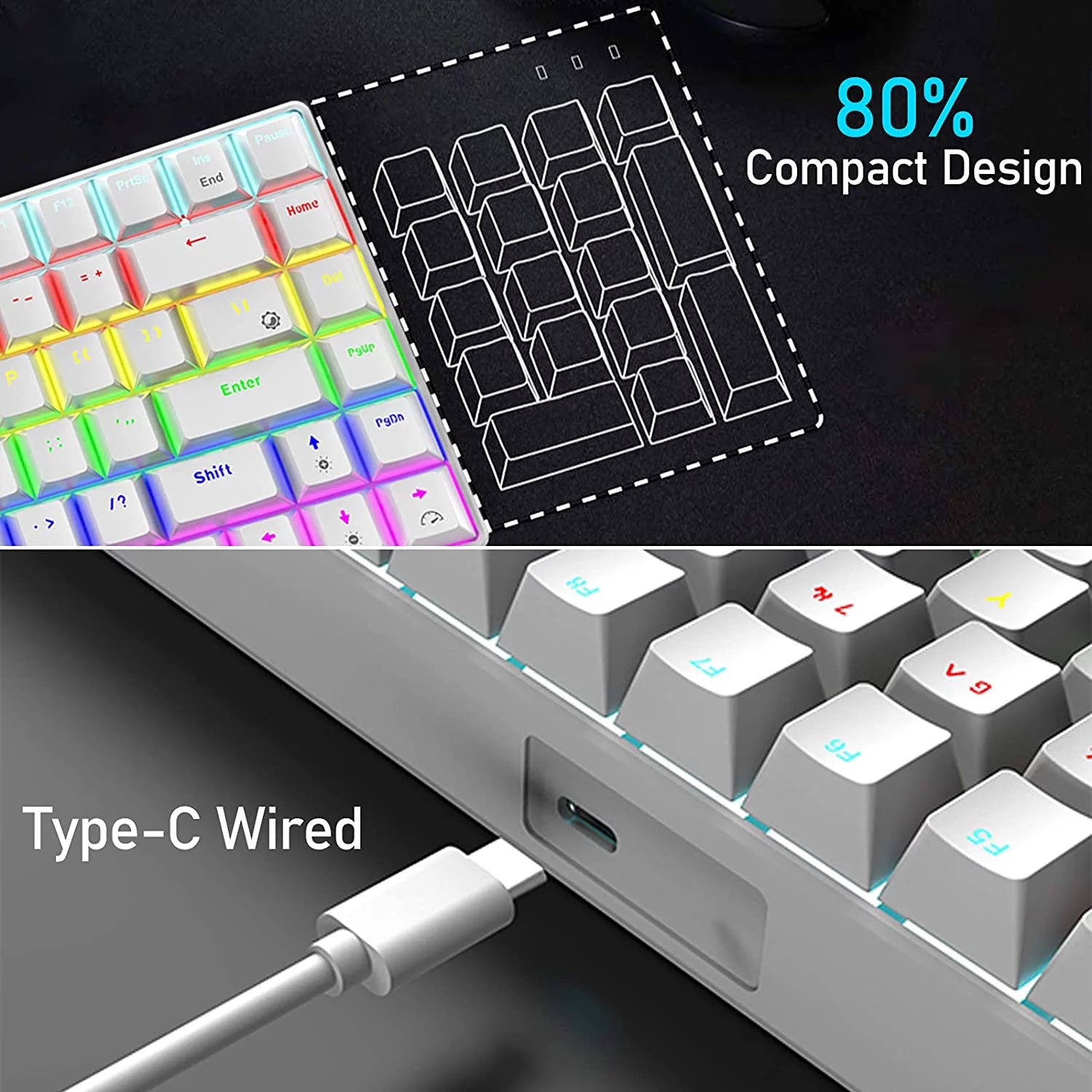 Wired Gaming Keyboard Rainbow Backlit Mechanical Keyboard Type-C 84 Keys Full Keys Anti-Ghosting for PC Gamers Work Office Blue Switch & Red Switch