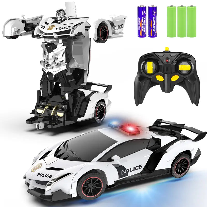 Remote Control Car - Transform Toys, 360 Degree Rotating Drifting Toys for Boys, One Button Deformation to Robot with Flashing Light, 2.4Ghz 1:18 Scale Transforming Police Boys Kids Toys Gift