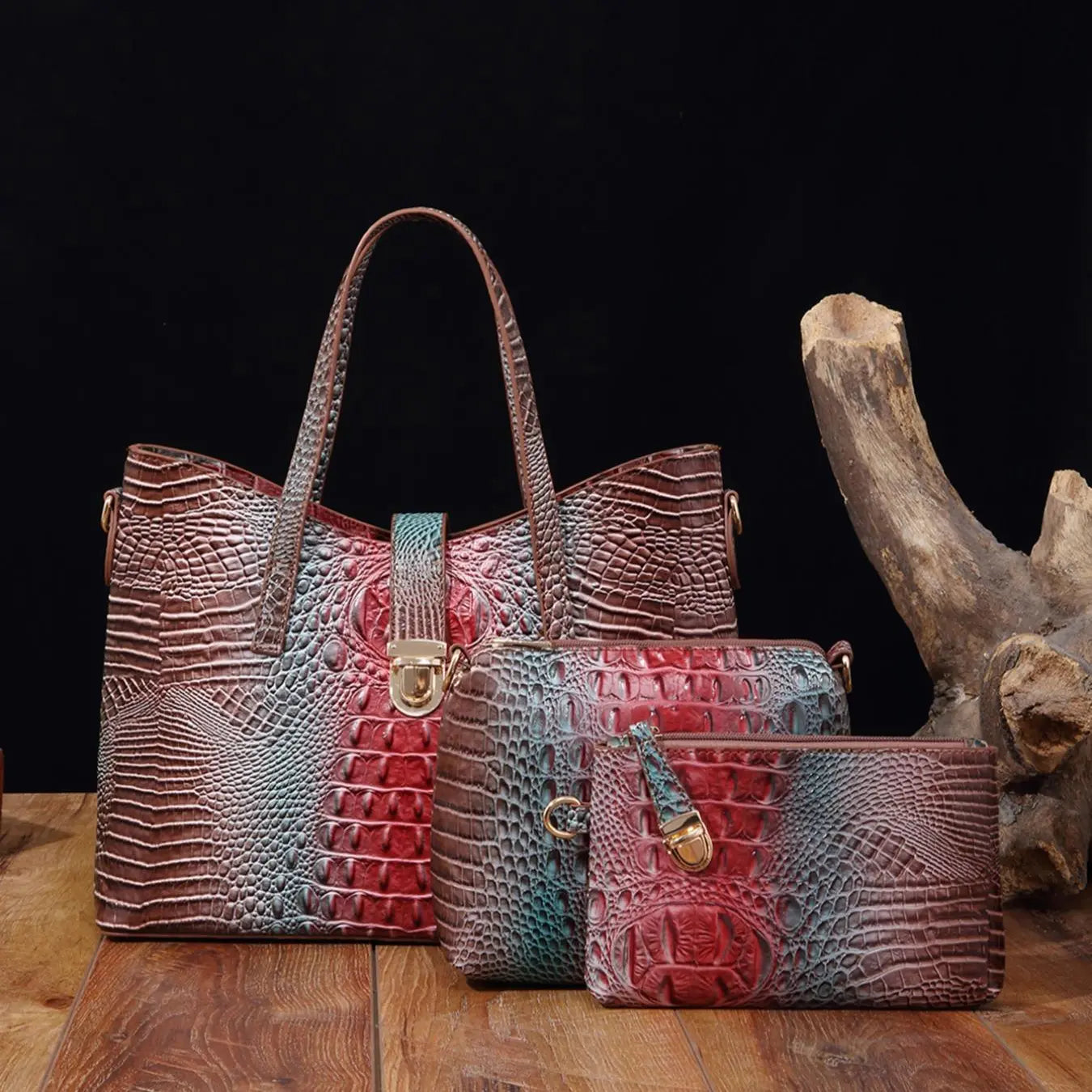 Women'S Elegant Retro Crocodile Embossed Tote Bag Set, Summer Beach Essentials, Trendy Ombre Large Handbag & Cosmetic Bag & Square Purse , Fashion Bag Set for Daily Use