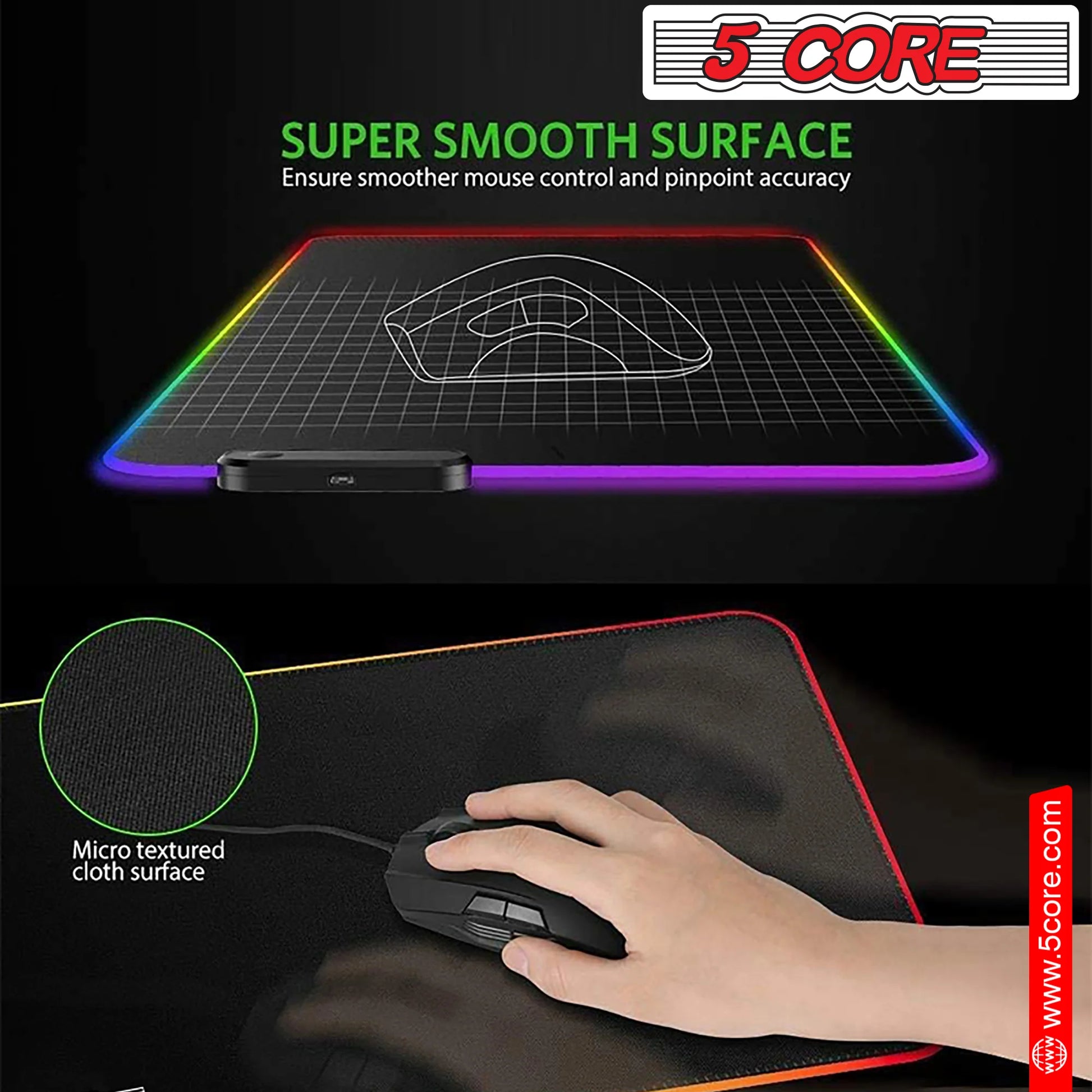 5Core RGB Mouse Pad 12 Light Modes High-Performance Soft Padded Large Gaming Keyboard Mouse Mat