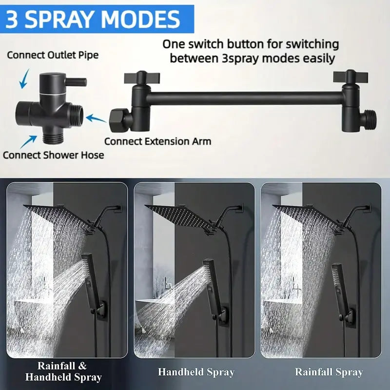 Shower Equipment Set, Including Rain Shower Head & Handheld Shower Head & 11 Inch Arm & Bracket & Hose & Washer & Diverter