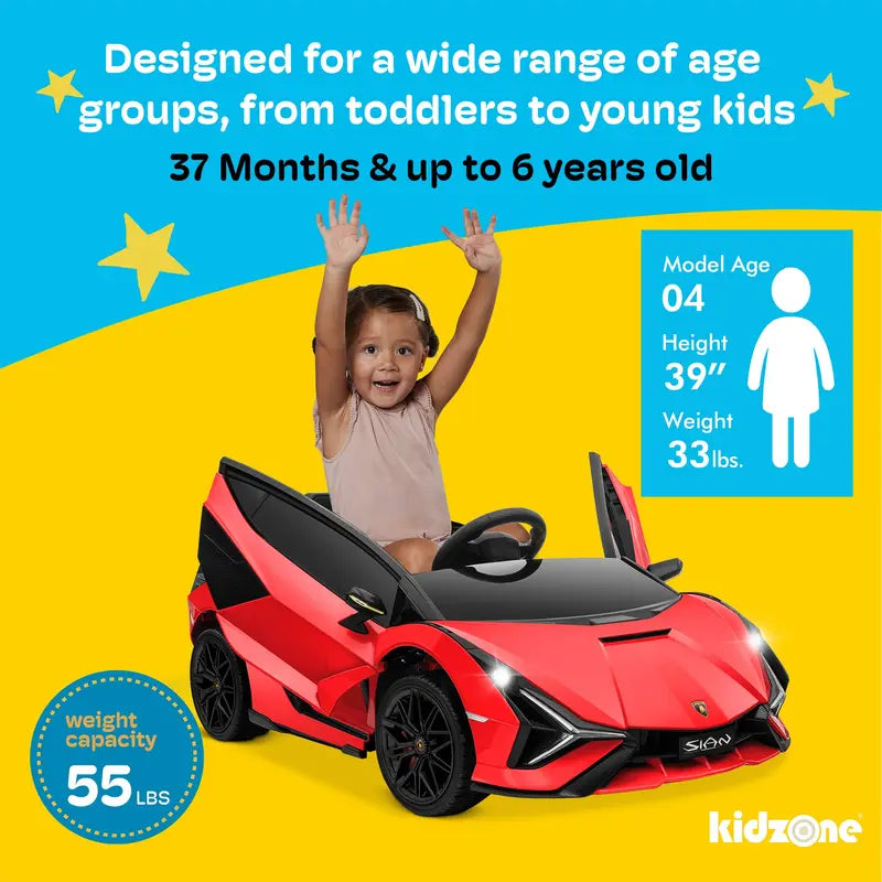 B07 PWOPWOE Kids Electric Ride on 12V Licensed Lamborghini Sian Roadster Battery Powered Sports Car Toy with 2 Speeds, Parent Control, Sound System, LED Headlights & Hydraulic Doors