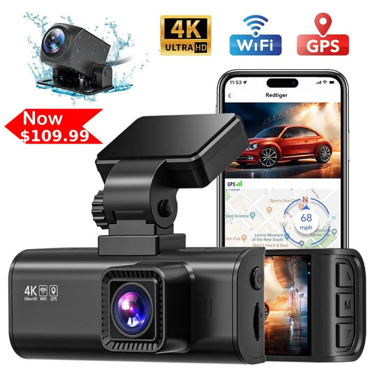 Dash Cam Front and Rear, 4K Dashcam with Wifi & GPS, 4K/2.5K Front+1080P Rear Dashcamera with View Night Vision, LCD Screen Display, Loop Recording,Black