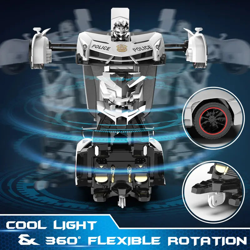 Remote Control Car - Transform Toys, 360 Degree Rotating Drifting Toys for Boys, One Button Deformation to Robot with Flashing Light, 2.4Ghz 1:18 Scale Transforming Police Boys Kids Toys Gift