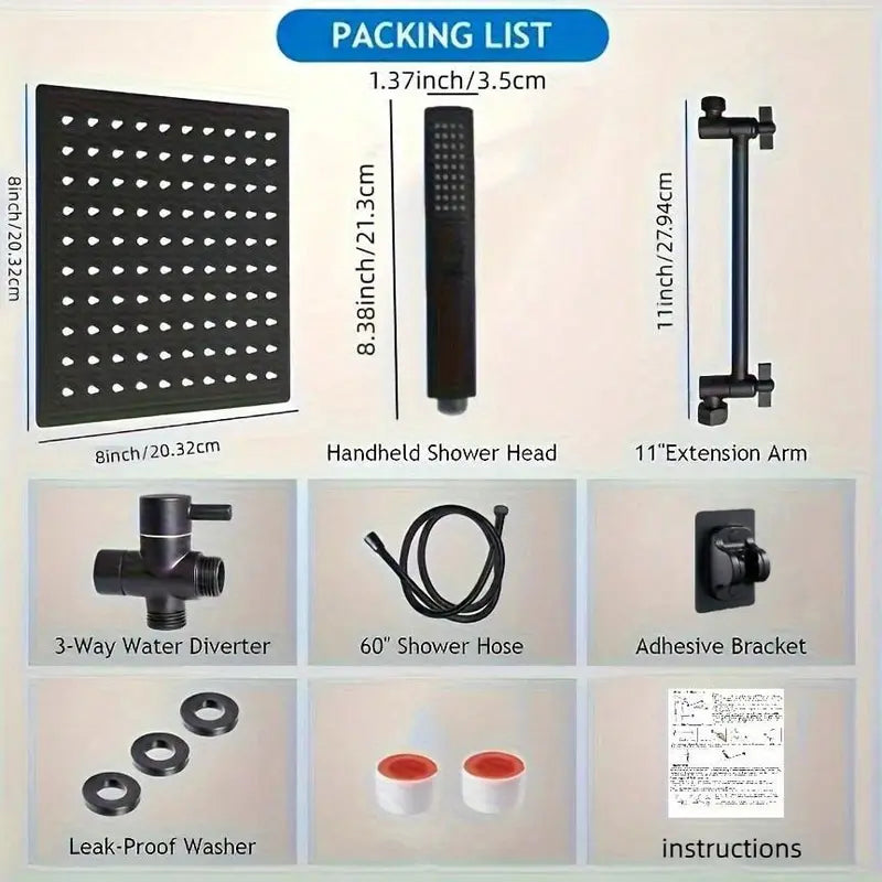 Shower Equipment Set, Including Rain Shower Head & Handheld Shower Head & 11 Inch Arm & Bracket & Hose & Washer & Diverter