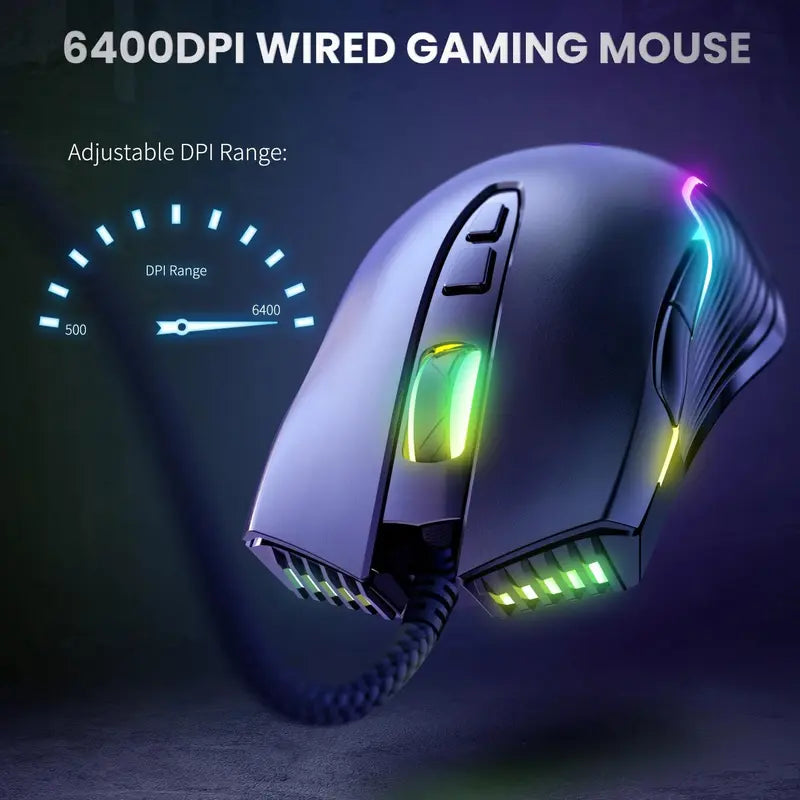 USB Wired Gaming Mouse with RGB Backlight for Gamer Accessories, CW905 Black 6400DPI Wired Mouse for Gaming Work Study, Portable Comfortable USB Game Mice for Home Office Desktop, Best Gaming Accessories Gifts for Gamers