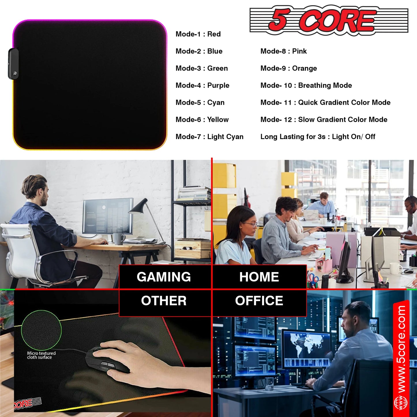 5Core RGB Mouse Pad 12 Light Modes High-Performance Soft Padded Large Gaming Keyboard Mouse Mat