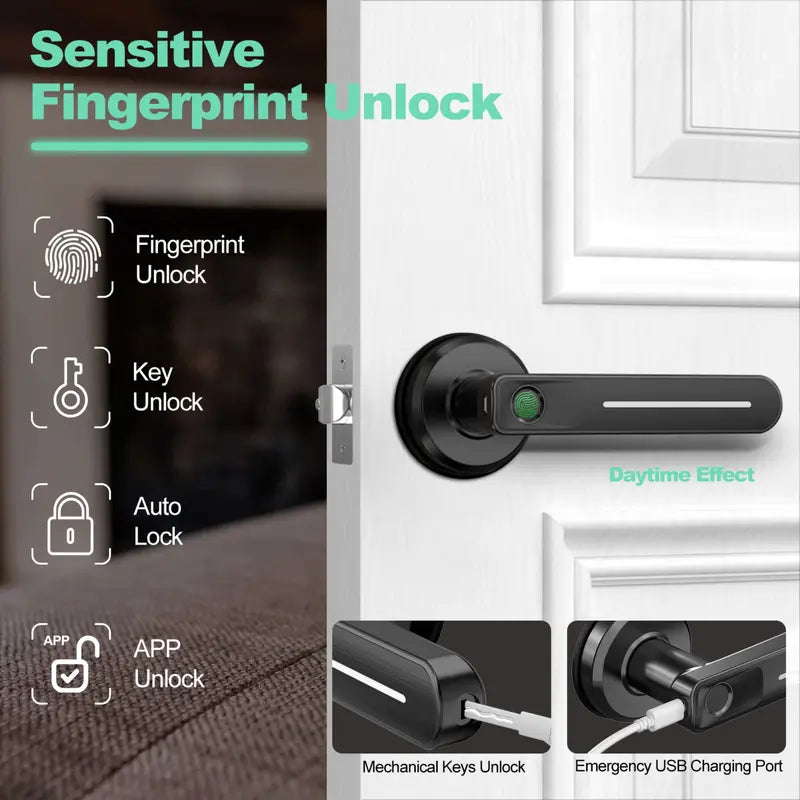 Geektale Fingerprint Door Lock, Fingerprint Door Lock with App, Smart Door Handle Fingerprint Door Knob Door Levers for Bedroom,Office,Apartments,Hotels