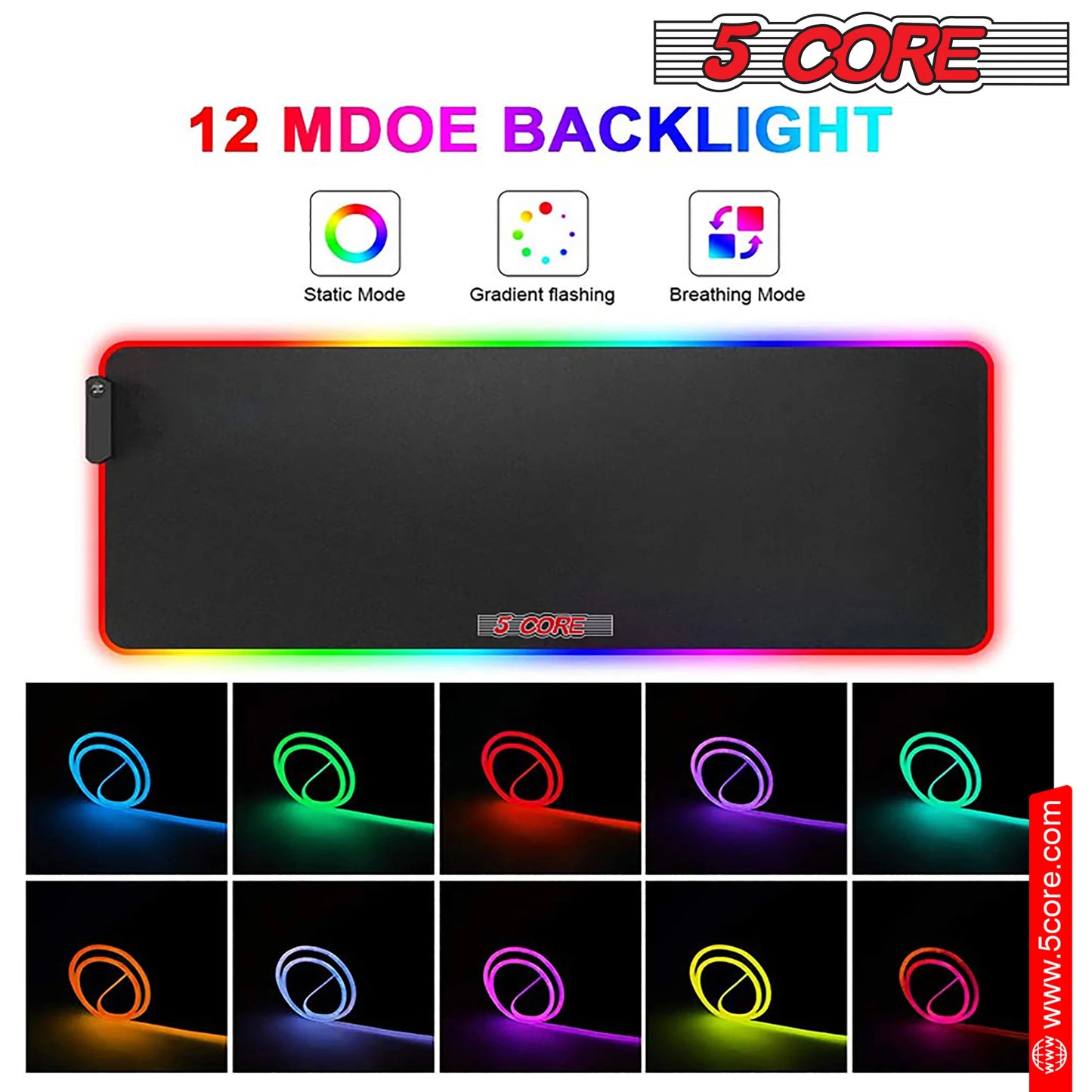 5Core RGB Mouse Pad 12 Light Modes High-Performance Soft Padded Large Gaming Keyboard Mouse Mat