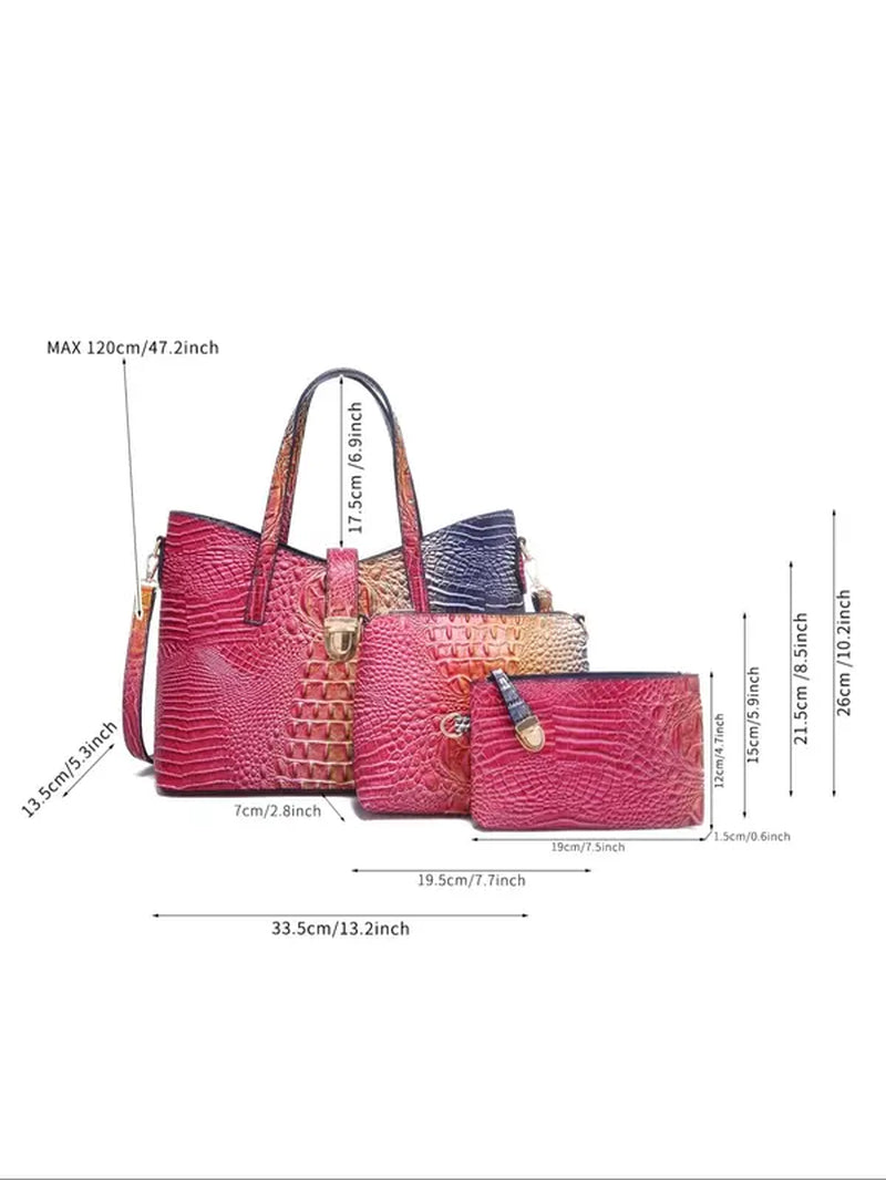 Women'S Elegant Retro Crocodile Embossed Tote Bag Set, Summer Beach Essentials, Trendy Ombre Large Handbag & Cosmetic Bag & Square Purse , Fashion Bag Set for Daily Use