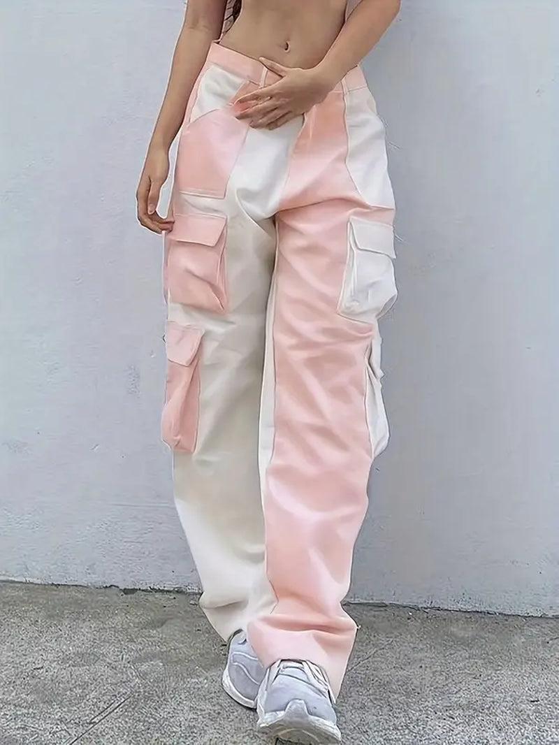 Women'S Colorblock Patchwork Flap Pocket Cargo Pants, Casual Drop Waist Trousers for Summer, Womenswear Bottoms for Daily Wear