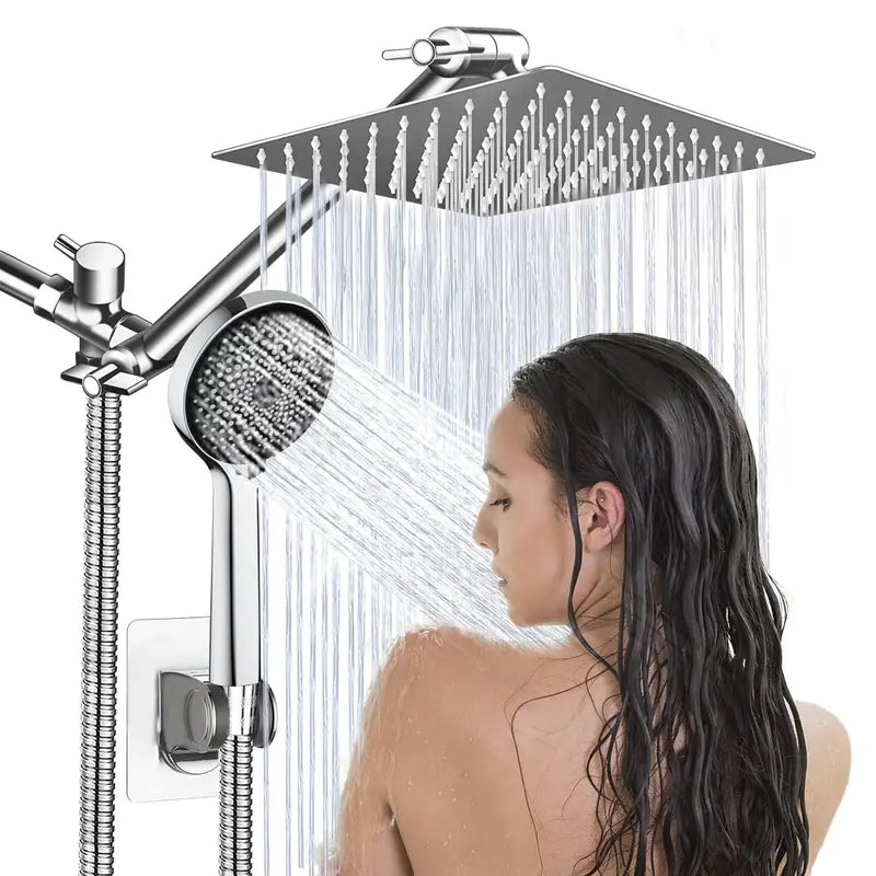 Shower Head, 8” Rain Shower Head with Handheld Spray Combo with 11'' Angle Adjustable Extension Arm/Flow Regulator/Shower System,High Pressure Rainfall Shower Head Clean Bathroom,Chrome Wall Mount Shower Heads Shower Equipment Showerhead Rainshower Head