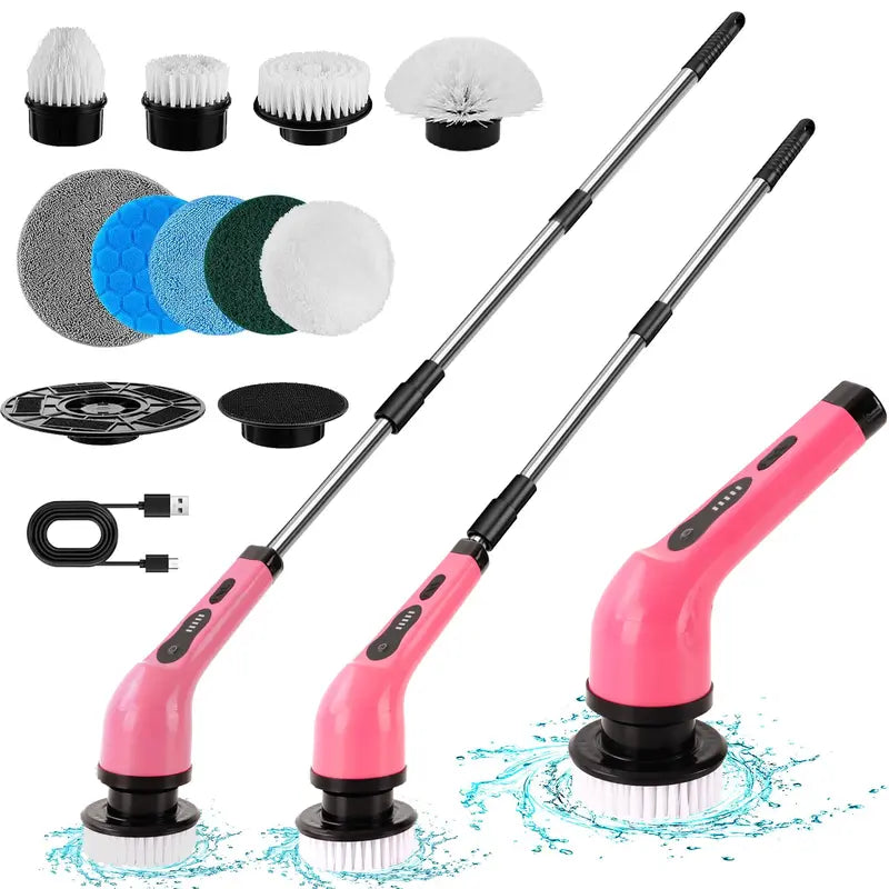 Electric Spin Scrubber, Summer Handheld Cleaning Brush with Adjustable Extension Rod & Replaceable Brush Heads, USB Rechargeable Cordless Shower Scrubber, Electric Cleaning Brush Tools for Home Bathroom Bathtub, Bathroom Accessories