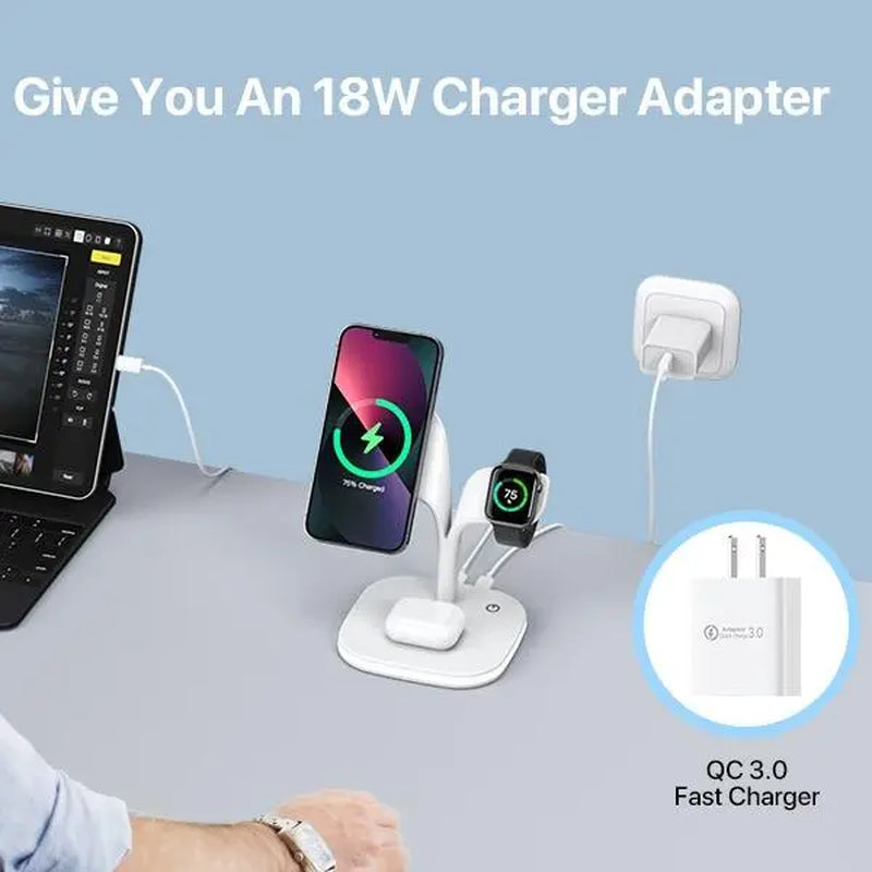 5 in 1 Wireless Charging Station,Magnetic Fast Charger Stand for Multiple Devices,Magsafe Charger for Iphone 15/14/13/12 Series,Apple Watches&Airpods with LED Light 18W Adapter,Smartphone Fast Charger Wireless,Folding Charger Electronic Cellphone