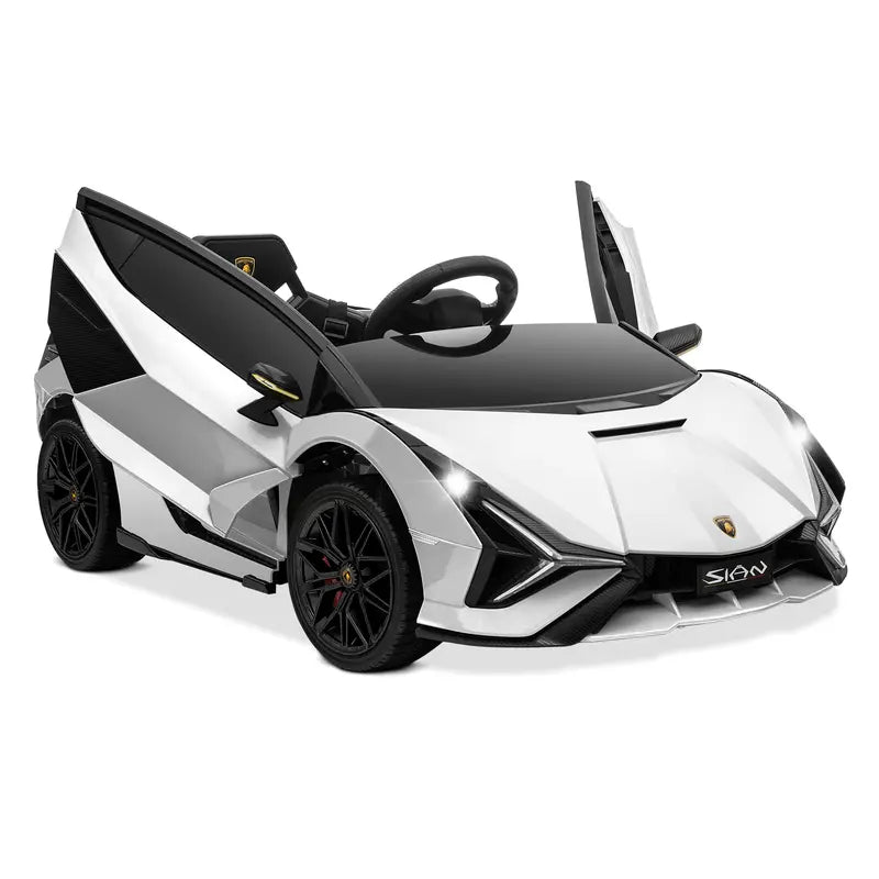 B07 PWOPWOE Kids Electric Ride on 12V Licensed Lamborghini Sian Roadster Battery Powered Sports Car Toy with 2 Speeds, Parent Control, Sound System, LED Headlights & Hydraulic Doors