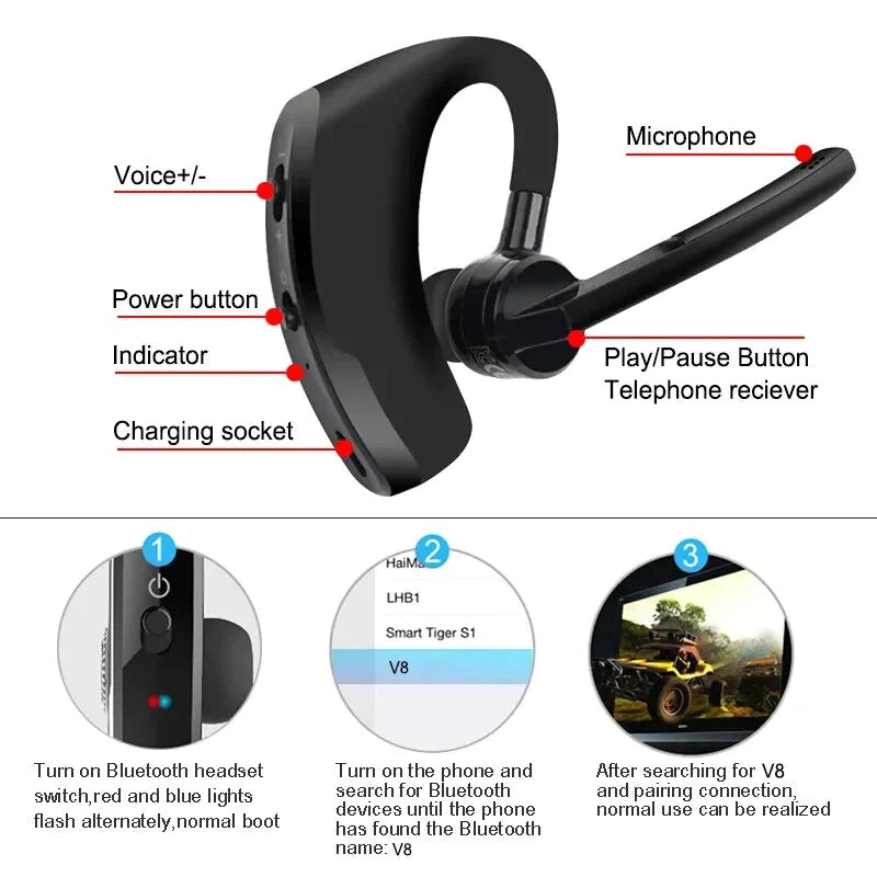 Bluetooth Earpiece Wireless Headset Noise Cancelling Headphones Driver Trucker