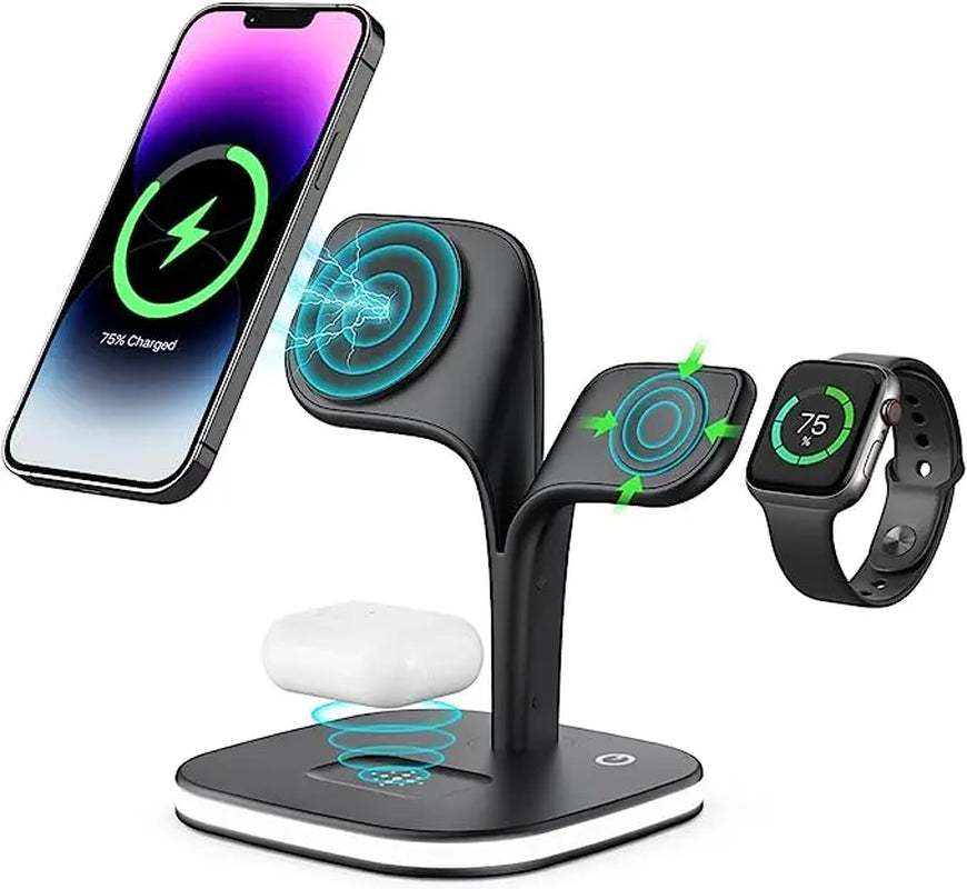 5 in 1 Wireless Charging Station,Magnetic Fast Charger Stand for Multiple Devices,Magsafe Charger for Iphone 15/14/13/12 Series,Apple Watches&Airpods with LED Light 18W Adapter,Smartphone Fast Charger Wireless,Folding Charger Electronic Cellphone