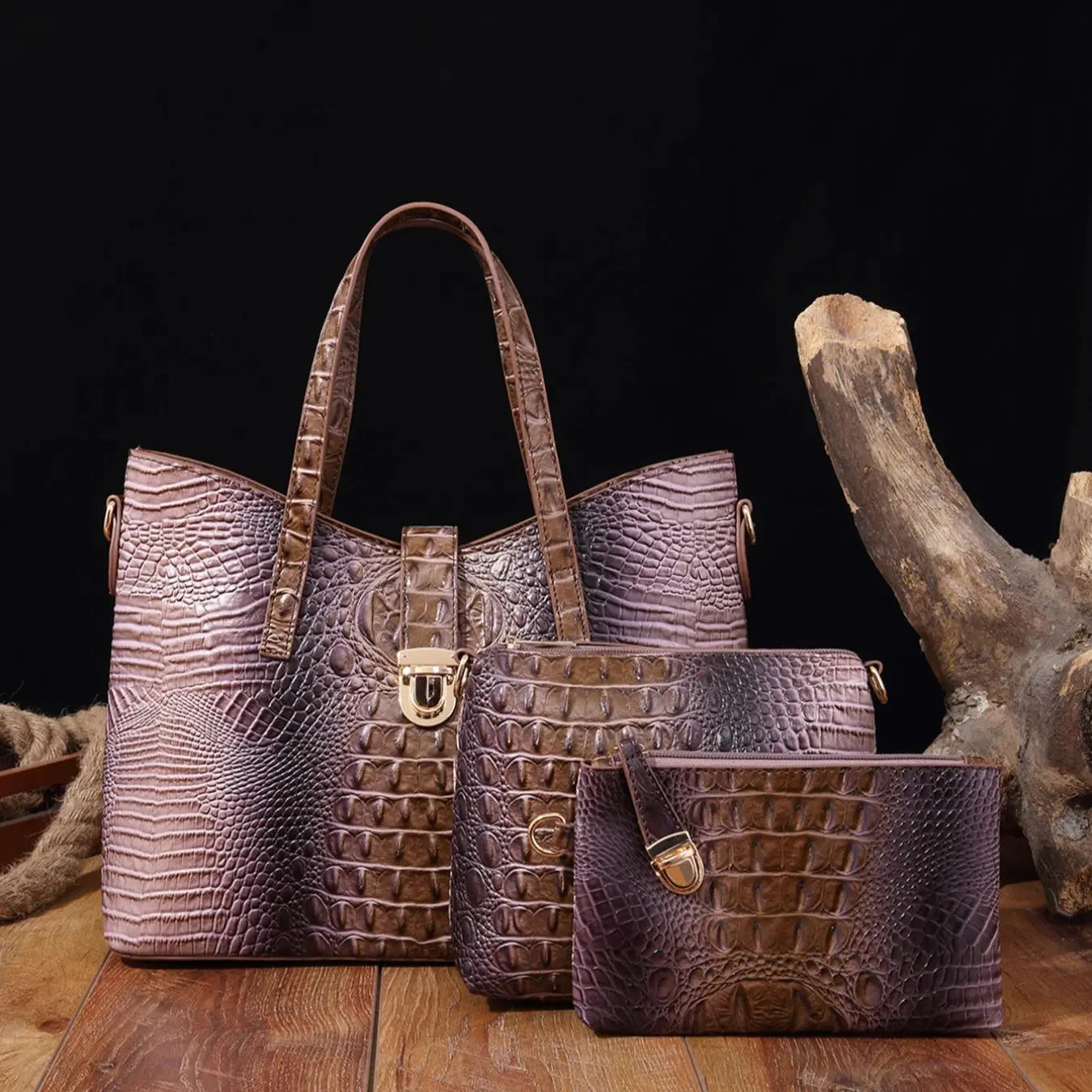 Women'S Elegant Retro Crocodile Embossed Tote Bag Set, Summer Beach Essentials, Trendy Ombre Large Handbag & Cosmetic Bag & Square Purse , Fashion Bag Set for Daily Use