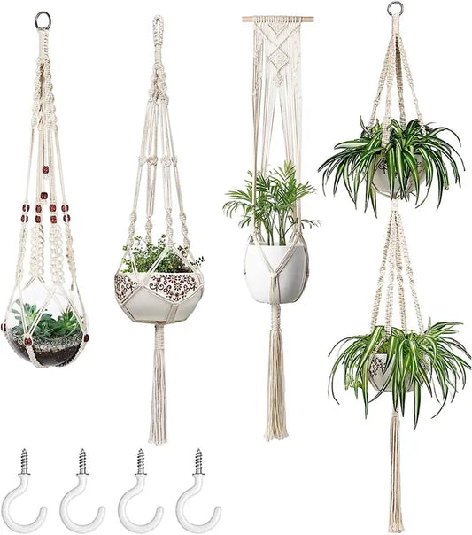 Macrame Plant Hangers Set of 4 Indoor Hanging Planter Basket Wall Decorative Flower Pot Holder with 4 Hooks for Indoor Outdoor Home Decor Gift Box, Ivory