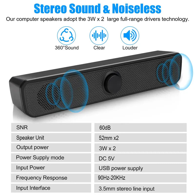 3.5Mm USB Wired Computer Speaker - Stereo Bass 2.0 Speakers with Volume Control for PC, Laptop, Desktop ,Stereo Audio