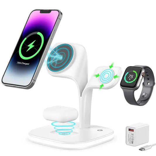 5 in 1 Wireless Charging Station,Magnetic Fast Charger Stand for Multiple Devices,Magsafe Charger for Iphone 15/14/13/12 Series,Apple Watches&Airpods with LED Light 18W Adapter,Smartphone Fast Charger Wireless,Folding Charger Electronic Cellphone