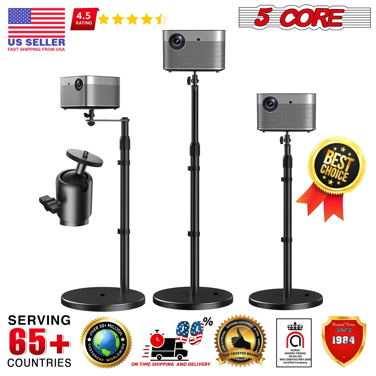 5Core Projector Stand Height Adjustable Projector Mount Floor W 360° Swivel 3 Mounting Options