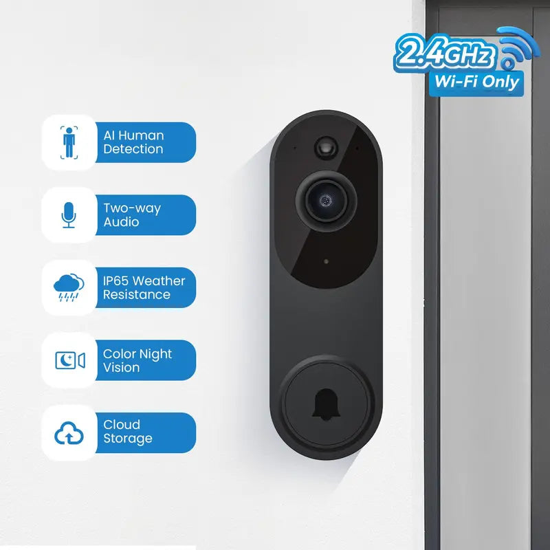 Wireless Video Doorbell Camera, Smart Security Doorbell Camera with AI Human Detection & Night Vision, Security Doorbell Camera for Home