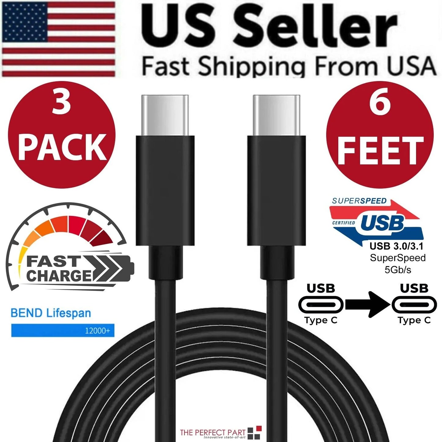 3 Pack 6FT USB-C to USB-C Cable Fast Charge Type C Charging Cord Rapid Charger