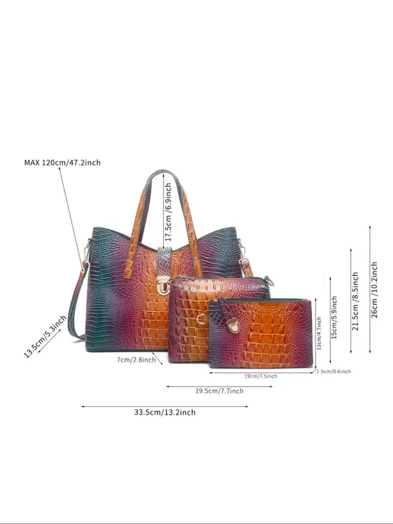 Women'S Elegant Retro Crocodile Embossed Tote Bag Set, Summer Beach Essentials, Trendy Ombre Large Handbag & Cosmetic Bag & Square Purse , Fashion Bag Set for Daily Use